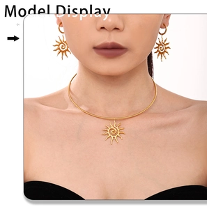 Model wearing golden sun-shaped pendant necklace and matching spiral studs earrings set