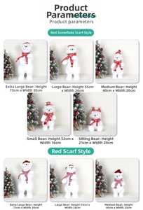 Size chart for flocked Christmas bear decorations with red snowflake scarf measurements