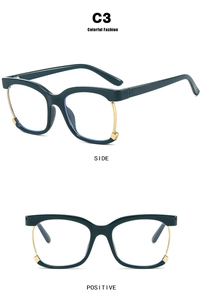 Detail view of square eyeglass frame C3 in deep green with elegant gold metal rim