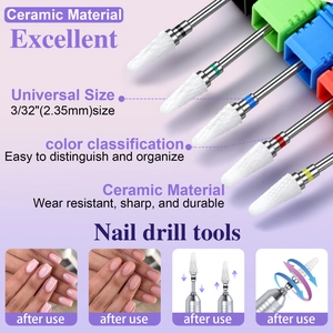 Ceramic nail drill bits set with universal 3/32 inch shank and color coded storage cases