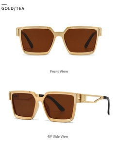 Detail view of gold metal square sunglasses with tea lenses and hollowed geometric temples