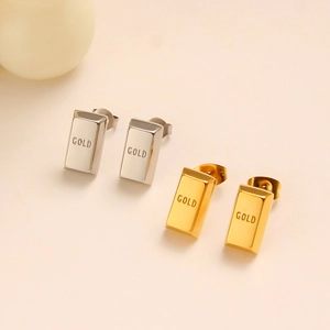 Gold Bar Stud Earrings Stainless Steel 18K Gold Plated Rectangular Block Engraved Lucky Characters Jewelry For Women