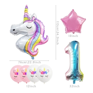 Rainbow unicorn foil balloon set with number one and stars for party decoration