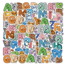 Detailed close-up of 26 cartoon animal alphabet stickers for kids stationery and DIY