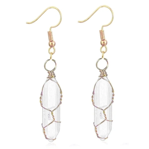 Detail of wire-wrapped hexagonal crystal pillar earrings with gold-plated hooks