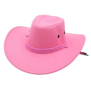Detail of pink felt cowboy hat featuring twisted rope trim and metal ventilation eyelets
