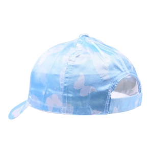 Detail of light blue baseball cap with white butterfly print and adjustable back strap