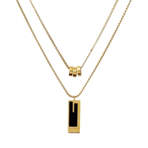 Double-layered titanium steel sweater necklace with golden beads and a black G-pendant