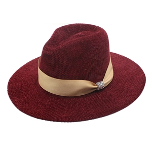 Burgundy wide brim fedora hat with chenille texture and gold ribbon with rhinestone buckle