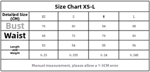 Size chart for bow elastic tank top with measurements in CM for sizes XS to L
