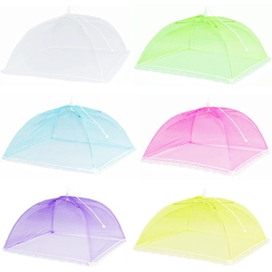 Detailed grid view showing lace edges and fine mesh of foldable food covers in six colors