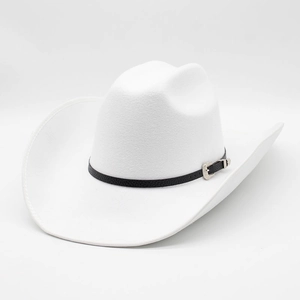Classic white western cowboy hat with black leather buckle band on light grey background