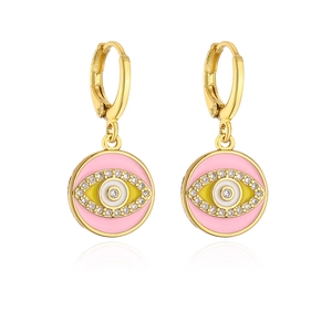 Detailed close-up of gold earrings with pink enamel evil eye charms and zircons