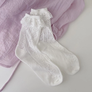 Detail of white Lolita socks with delicate lace trim and heart-shaped mesh patterns