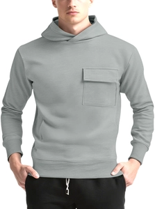 Detail of grey hoodie featuring a large front flap pocket and ribbed cuffs on sleeve