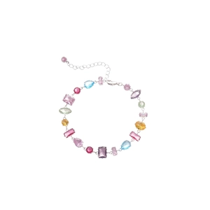 Colorful geometric zircon bracelet in silver finish with multi-shaped stones and extender