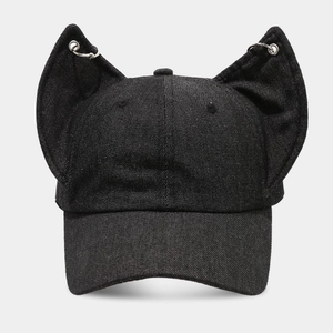 Black washed denim baseball cap featuring unique 3D pointy ears and silver metal rings