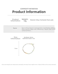 Detailed spec sheet showing 46cm beaded necklace with pearl and 7cm extension chain