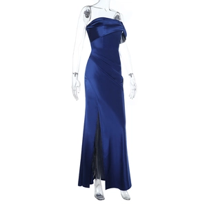 Front view of dark blue satin off-the-shoulder evening dress with a high leg slit