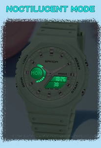 Macro detail of the luminous dual-display sport watch showing the green resin case glow