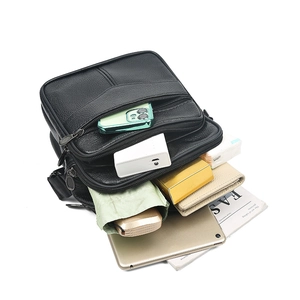 Black leather crossbody bag for men featuring large capacity multi-layer storage compartments
