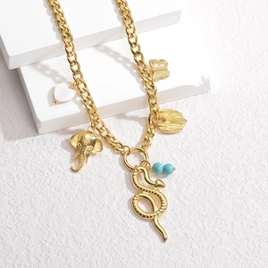18K gold plated stainless steel necklace with animal charms and turquoise beads