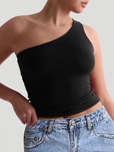 Eng anliegende schwarze One-Shoulder-Yoga-Weste für Damen aus glattem elastischem Stoff