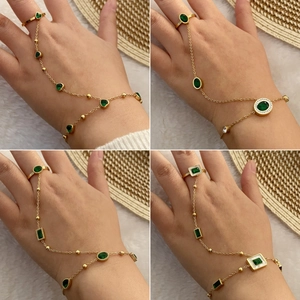 Vintage Emerald Green Heart Hand Chain Stainless Steel Gold Plated Ring Chain Hand Harness Jewelry For Women