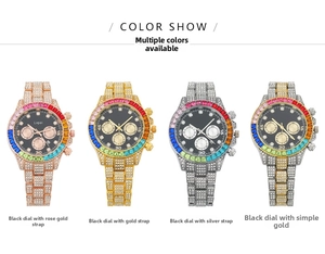 Dettaglio di quattro orologi da donna con cristalli, lunette arcobaleno e quadranti neri