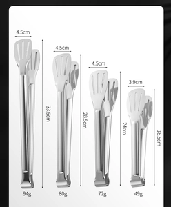 Detailed view of four stainless steel food tongs in various sizes with weight specs