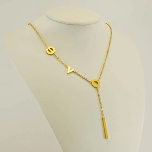 Detail of 18k gold plated stainless steel Y-shaped necklace with LOVE letter charms
