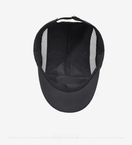 Detail view of the breathable mesh lining and adjustable metal buckle on black sports cap