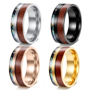 Stainless Steel Ring With Acacia Wood And Abalone Shell Inlay Natural Style Fashion Jewelry For Men And Women