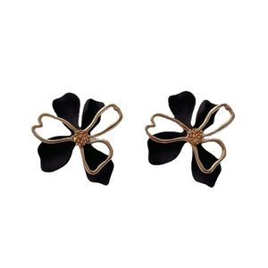 Minimalist hollow flower earrings in black and gold finish with S925 silver needles