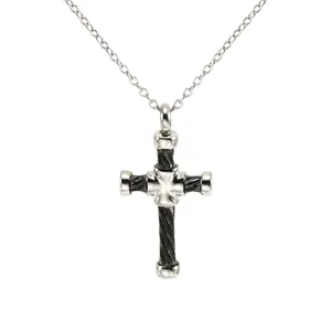 Collier Pendentif Croix En Acier Inoxydable Texture Câble Spiralé Plaqué Noir Fusil Bijoux Punk Gothique Pour Unisexe