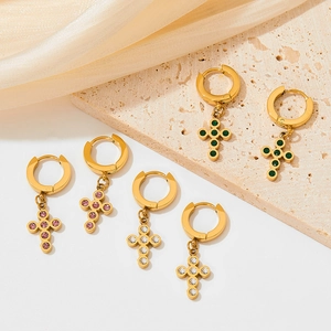 Baroque gold stainless steel cross earrings with pink, white, and green zircons