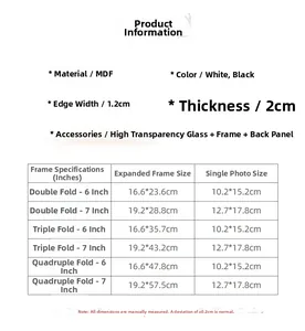 Detailed size guide for folding Nordic photo frames in black and white finishes