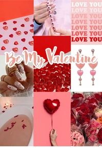 Valentine's mood board featuring red enamel heart jewelry and festive decorations