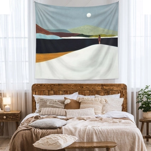 Detail of bohemian tapestry featuring abstract landscape oil painting and fabric texture