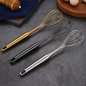 Set of 3 stainless steel whisks in gold, black, and silver finish for kitchen baking