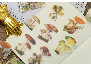 Macro view of vintage mushroom and oak leaf stickers with semi-transparent PET texture