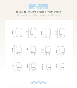 Size chart showing 12 different dimensions for blue polka dot ballerina press-on nails