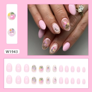 Pink press on nails set with tulip flower designs and wavy edge almond nail tips