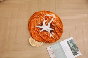 Macro detail of pizza printed round flannel blanket showing realistic crust texture on wood floor