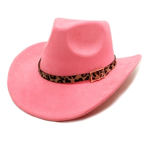 Pink felt cowboy hat featuring a leopard print band and golden buckle detail
