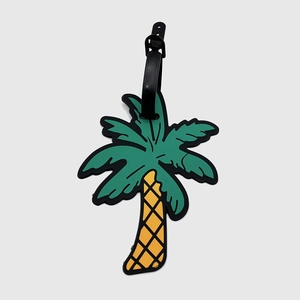 Cartoon coconut tree luggage tag in green and yellow PVC with adjustable black strap