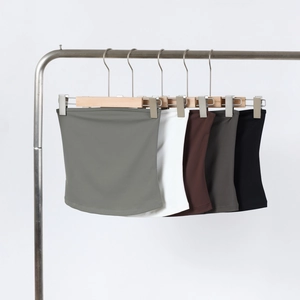 Five elastic knitted tube tops in olive, white, brown, grey and black colors