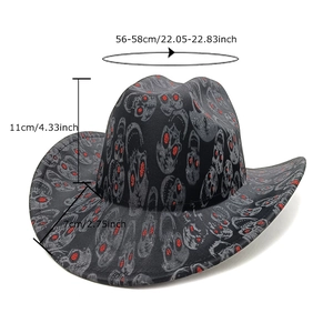 Black cowboy hat with skull pattern print and red eye accents for Halloween party costume