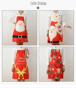 Detailed grid view of four Christmas aprons featuring Santa and reindeer holiday prints