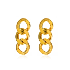Polished 18K gold plated stainless steel triple link chain drop earrings on white background